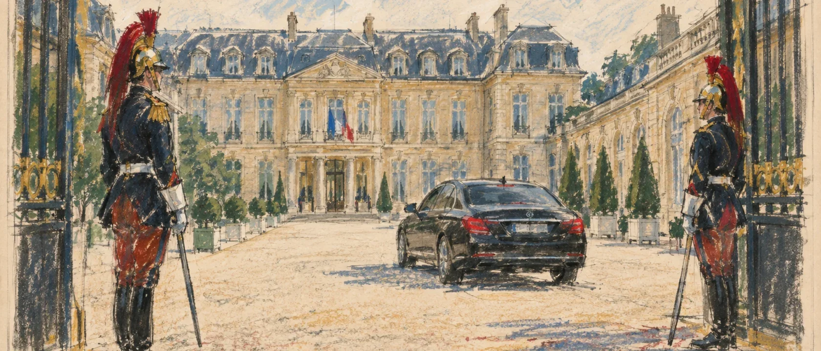 La cour de l'Élysée dessinée au crayon : une voiture officielle entre deux gardes républicains